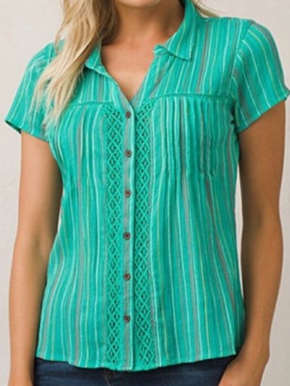 Prana prAna Aquamarine Katya Short Sleeve Button Up Supernova Stripe Shirt M